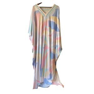 Vintage 70s Pastel Abstract Print Kaftan Maxi Dress Flowy Plus Size Friendly